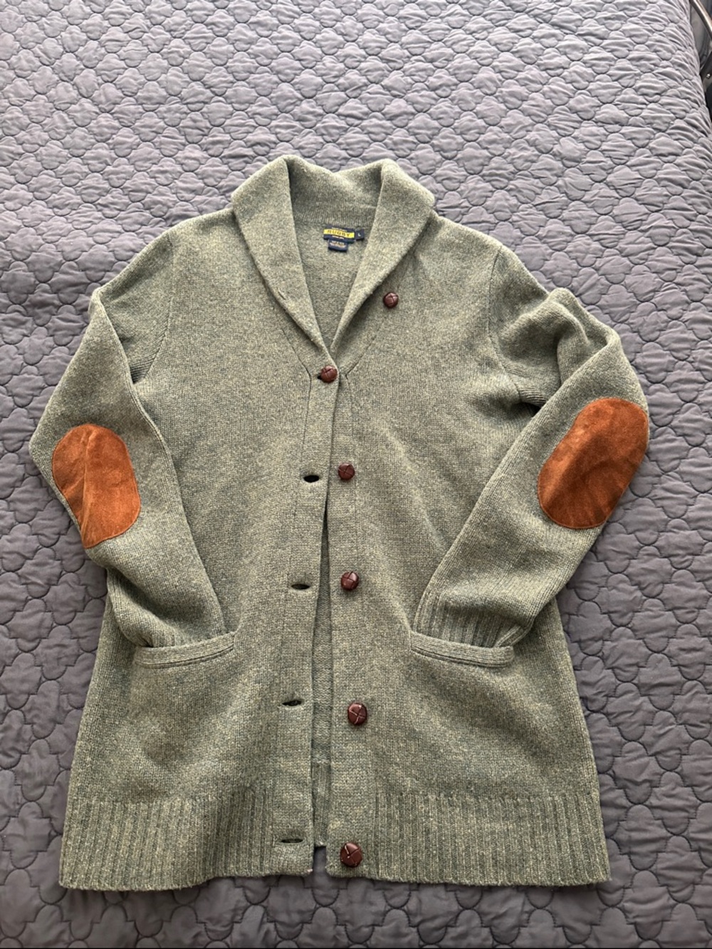 Rugby by Ralph Lauren Women's Wool Cardigan with Brown Suede Elbow Patches